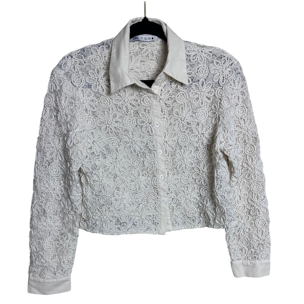 ZARA White Lace‎ Collared Button Up Shirt Cropped Long Sleeve Women Size S